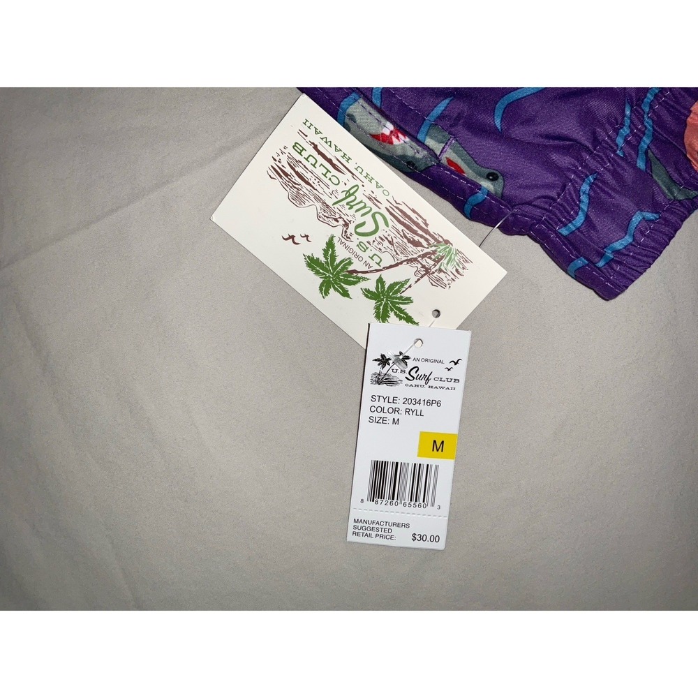 NWT Men's U.S. Surf Club Oahu, Hawaii Shark Donut Floaty Purple Swim Trunks - M - Picture 3 of 6